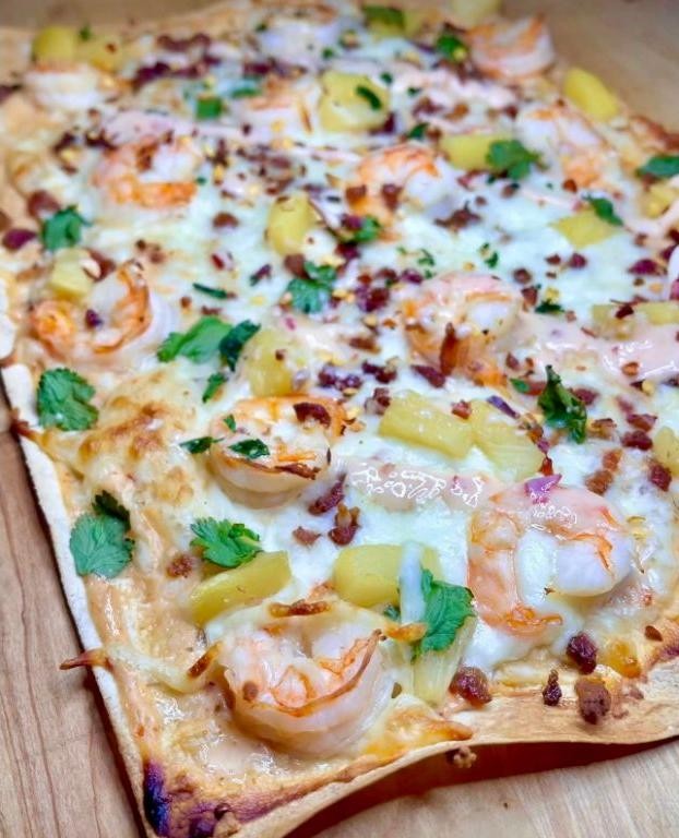 Bang Bang Shrimp Flatbread with Sriracha Mayo