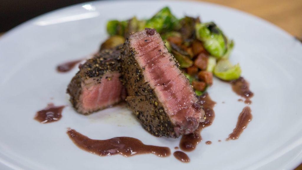 Black Pepper Crusted Steak with Red Wine Onions