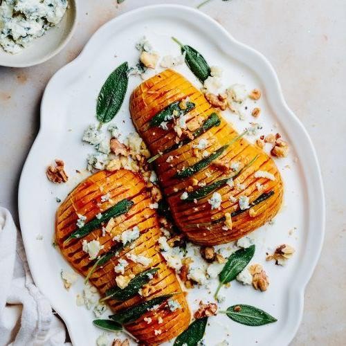 Blue Cheese Walnut Hasselback Butternut Squash