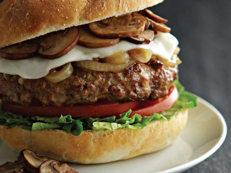 Breakfast Burger with Caramelized Onions and Mushrooms