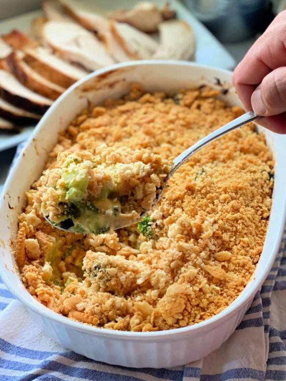 Broccoli and Cheese Funeral Potatoes with Ritz Cracker Topping