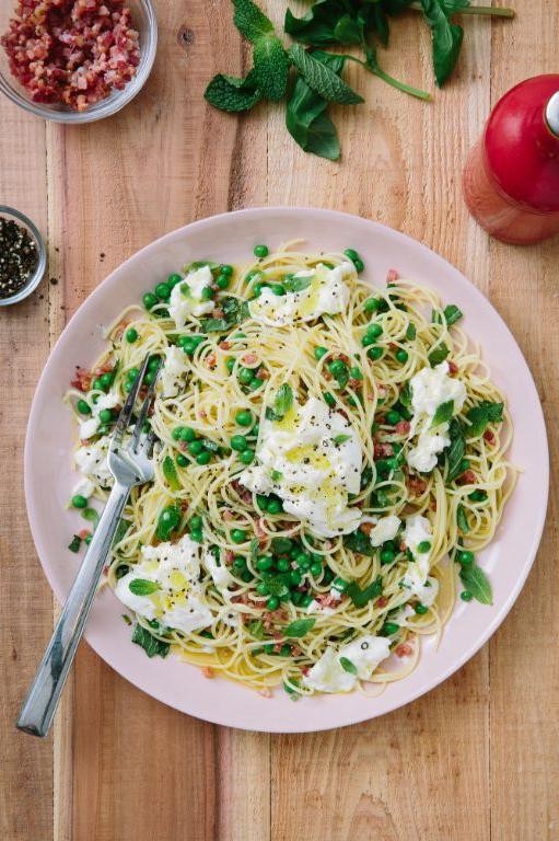 Burrata Pasta with Pancetta and Peas