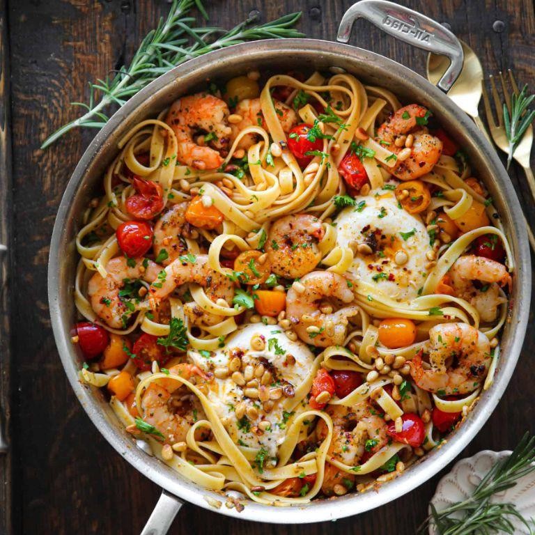 Burrata Pasta with Shrimp and Chili Flakes