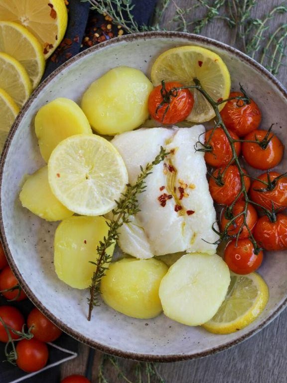 Cerulean Oil Poached Cod with Lemon