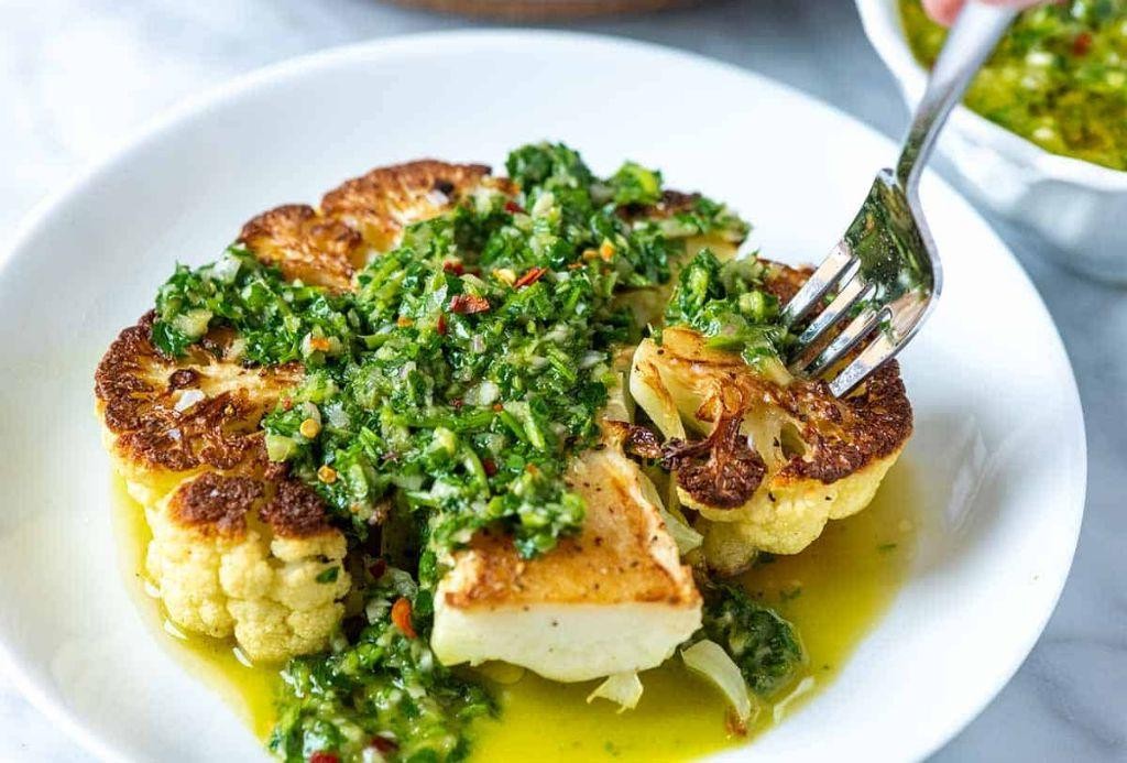 Charred Cauliflower Steaks with Chimichurri Sauce