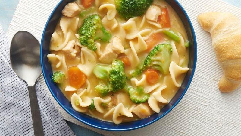 Cheesy Broccoli Chicken Noodle Soup