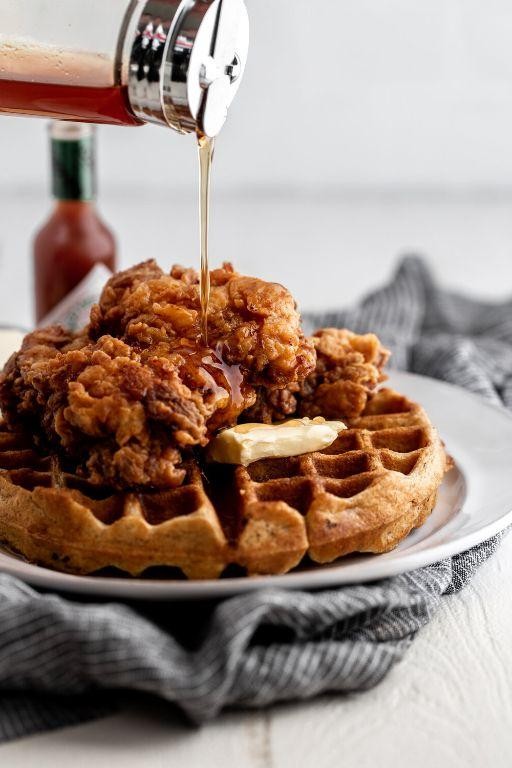 Chicken and Waffles with Cranberry Maple Sauce