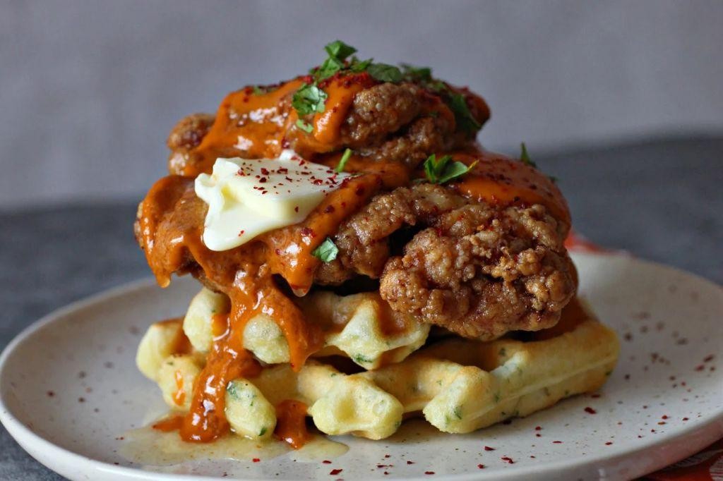 Chicken and Waffles with Garlic Herb Butter