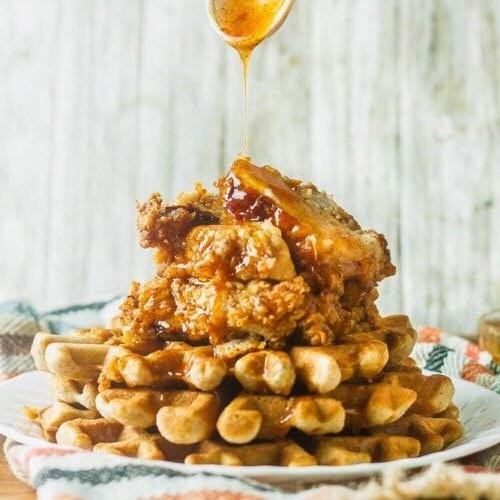 Chicken and Waffles with Spicy Peach Syrup