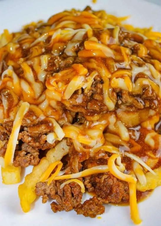 Chili Cheese Poutine with Ground Beef and Beans