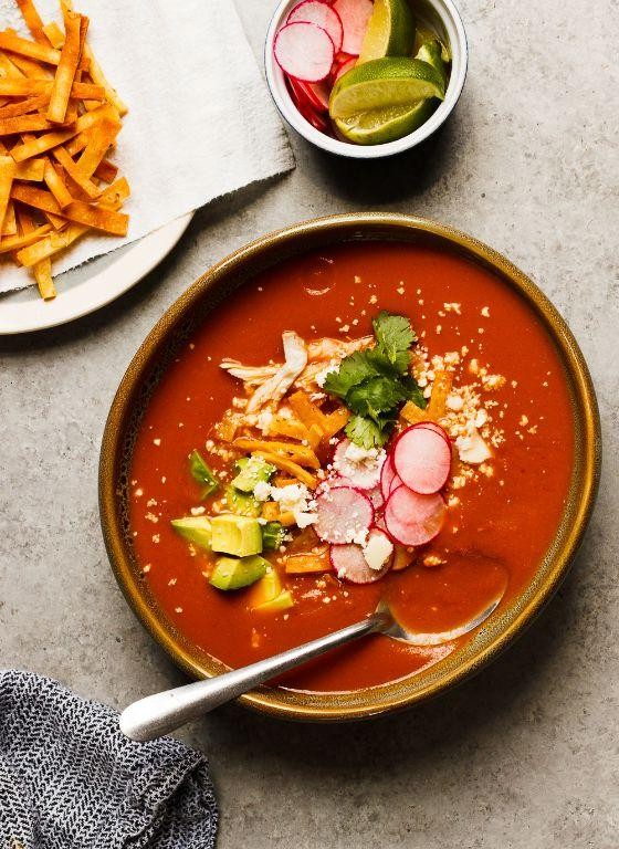 Chili Colorado Soup with Crispy Tortilla Strips