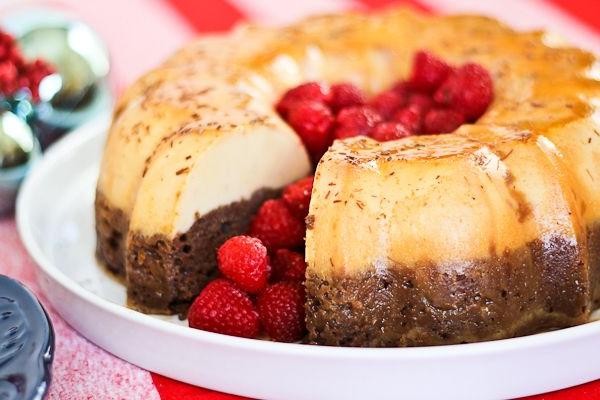 Choco Flan Cake with Raspberry Coulis