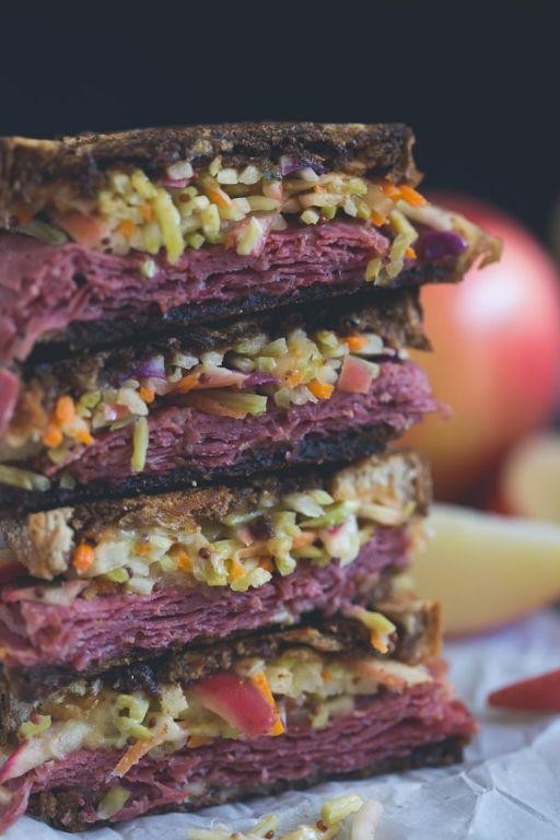 Corned Beef and Apple Slaw Sandwich on Marbled Rye
