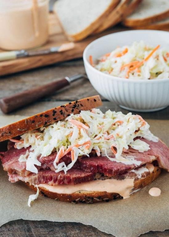 Corned Beef and Coleslaw Sandwich on Rye Bread