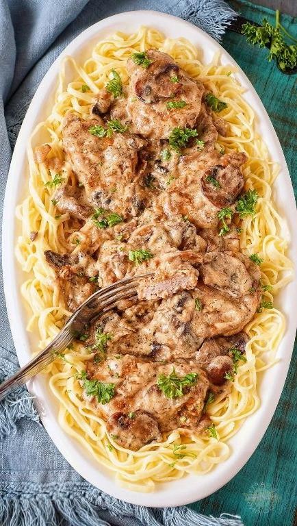 Creamy Mushroom Cubed Pork Pasta