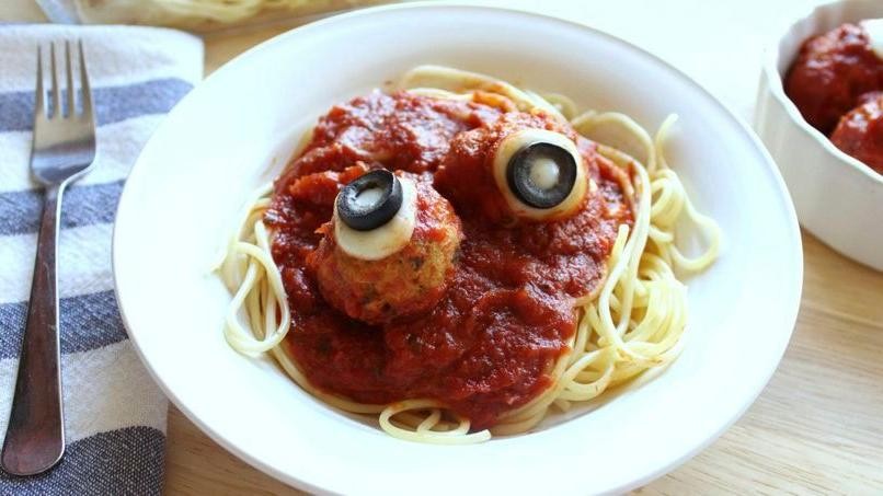 Creepy Crawly Pasta with Meatballs and Tomato Sauce