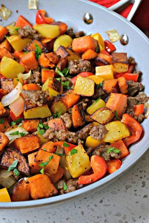 Cubed Pork and Sweet Potato Hash