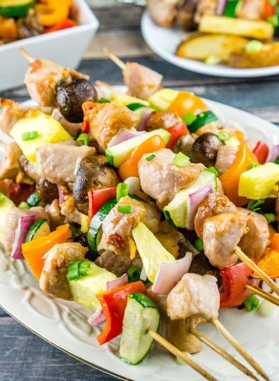 Easy Cubed Pork and Vegetable Kebabs