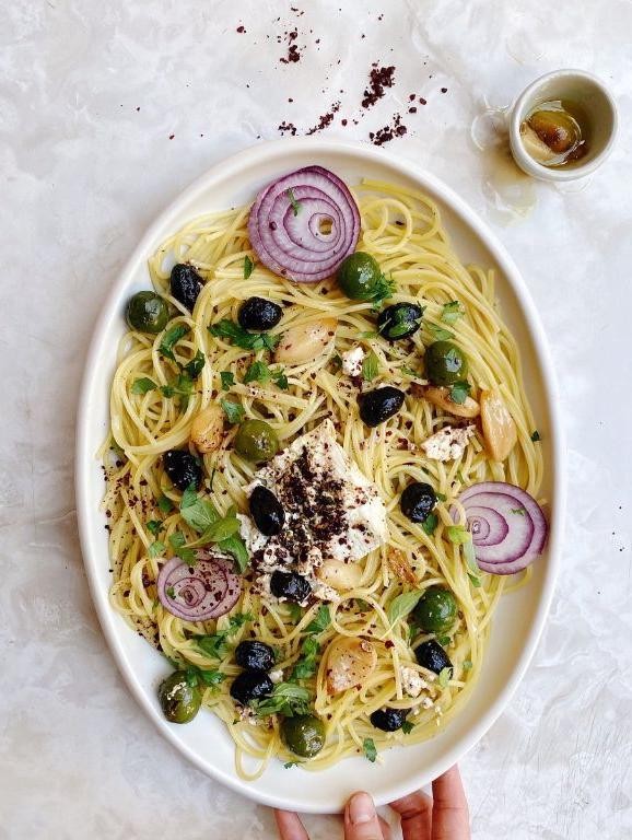 Feta and Olive Green Spaghetti