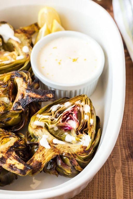 Garlic Butter Grilled Artichokes with Lemon Dip