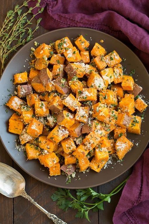 Garlic Herb Roasted Diced Sweet Potatoes