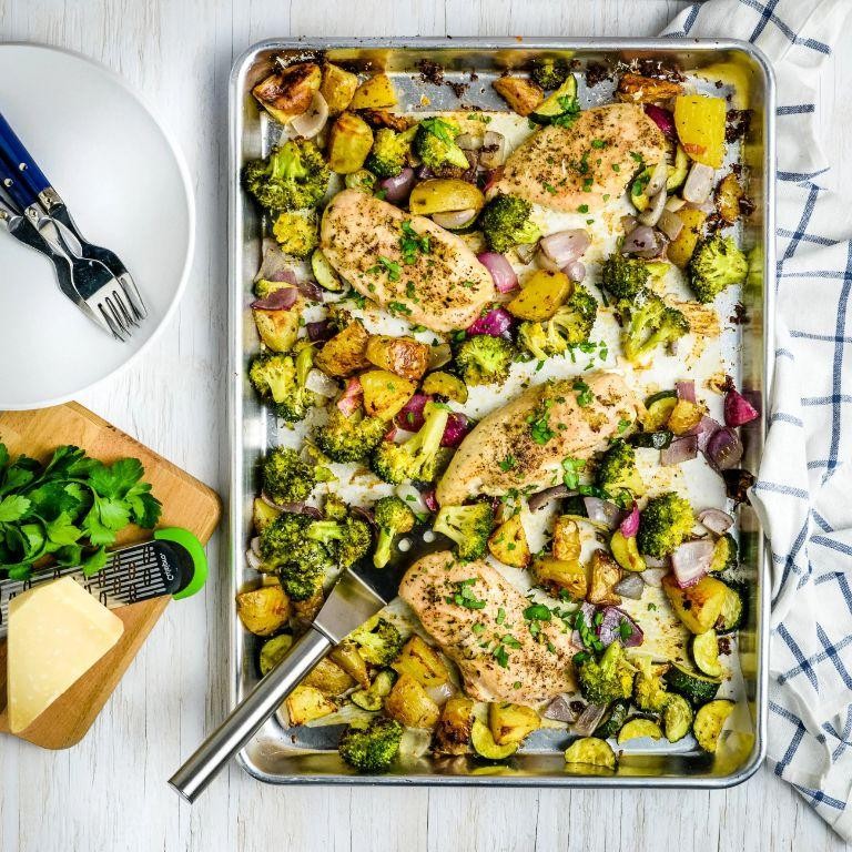 Garlic Parmesan Chicken and Broccoli Sheet Pan Dinner
