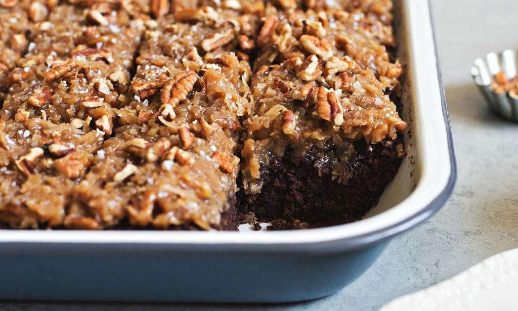 German Chocolate Sheet Cake with Coconut Pecan Frosting