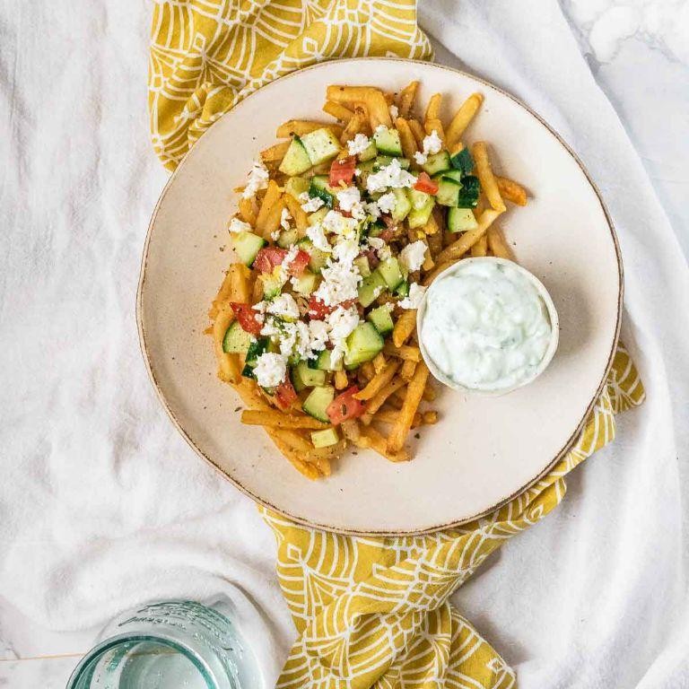 Greek Poutine with Feta and Tzatziki Sauce