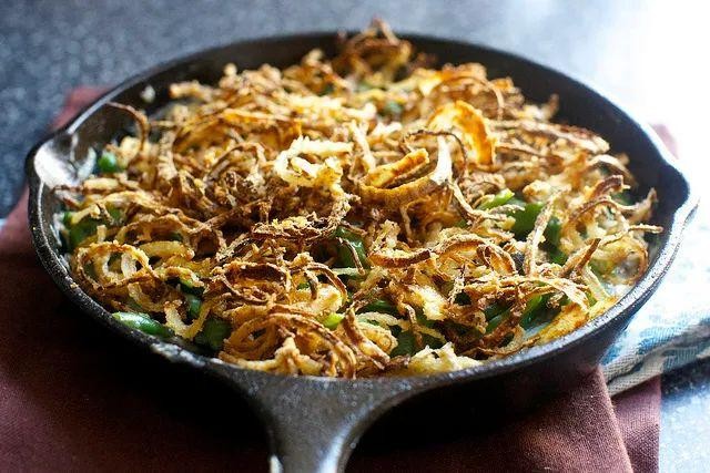 Green bean casserole with crispy onions