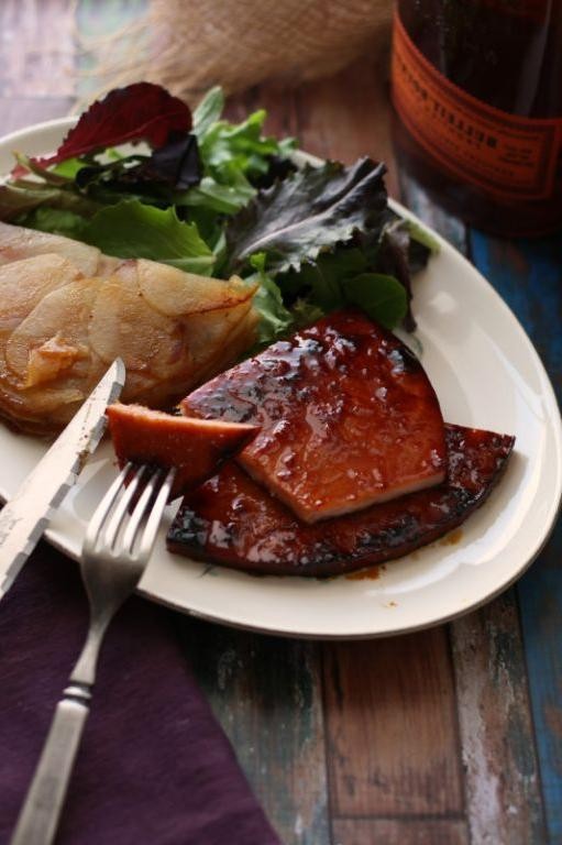 Grilled Ham Steak with Bourbon Peach Glaze