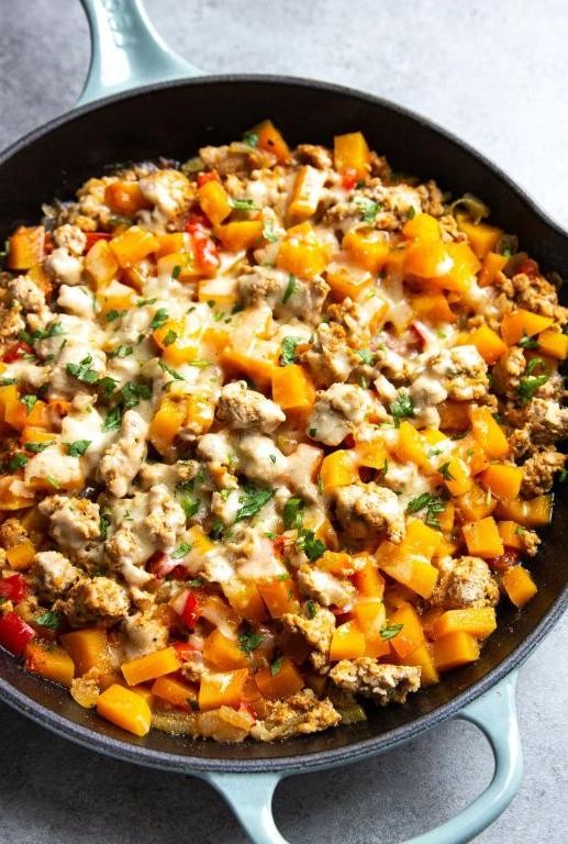 Ground chicken and butternut squash skillet
