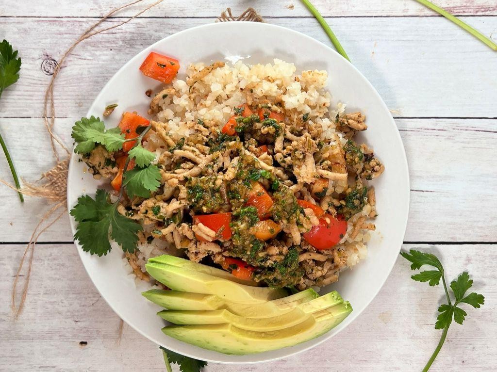 Ground chicken and cauliflower rice bowl