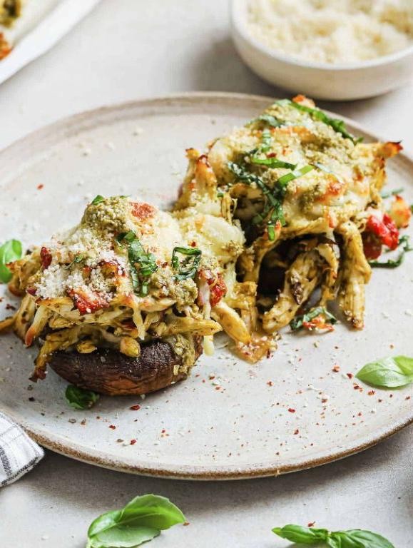Ground chicken and pesto stuffed mushrooms