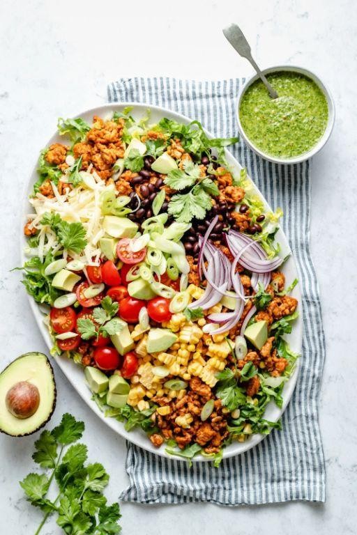 Ground chicken taco salad with avocado dressing