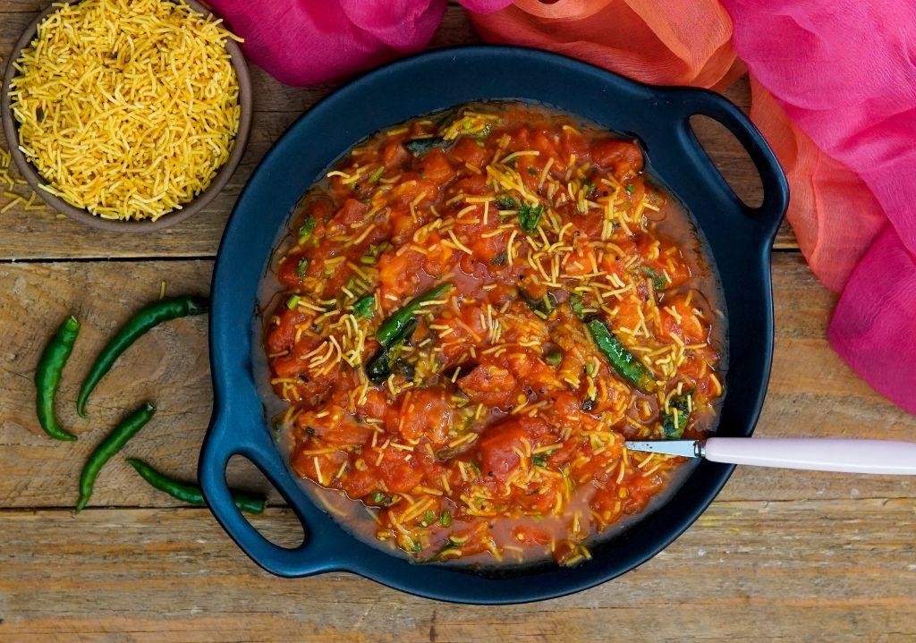 Gujarati Sev Tameta Nu Shaak with Tomatoes