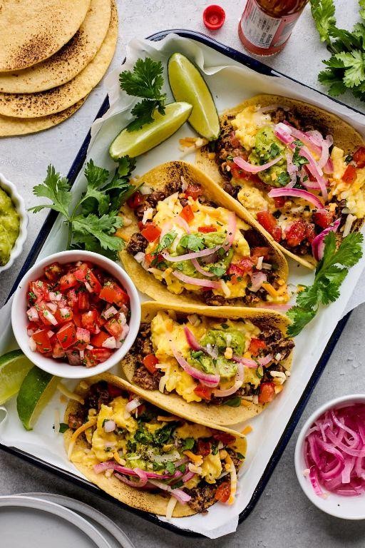 Hamburger Breakfast Tacos with Scrambled Eggs