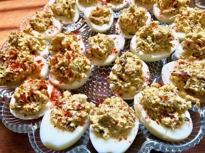 Hatch Chile and Bacon Deviled Eggs
