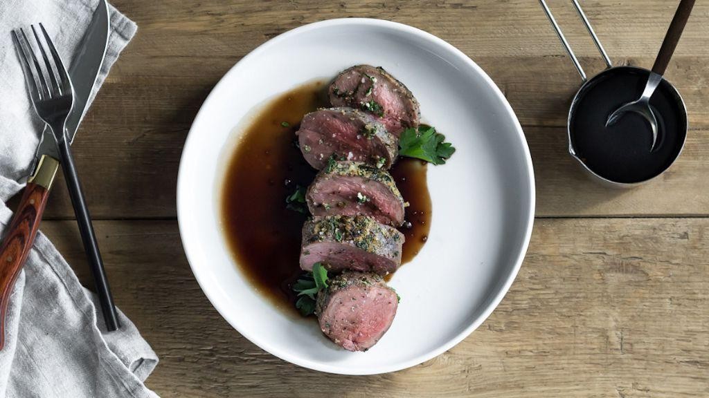 Herb-Crusted Elk Tenderloin with Red Wine Reduction