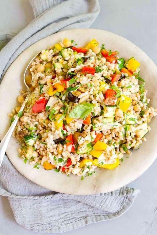 Instant Pot Farro with Roasted Vegetables and Lemon Tahini Dressing