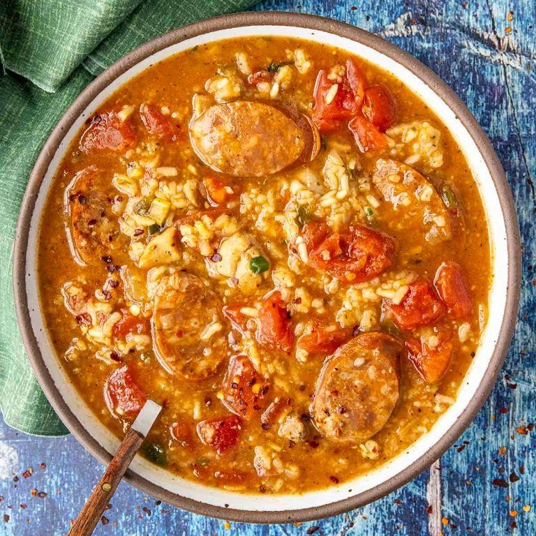 Jambalaya Soup with Rice and Spicy Broth
