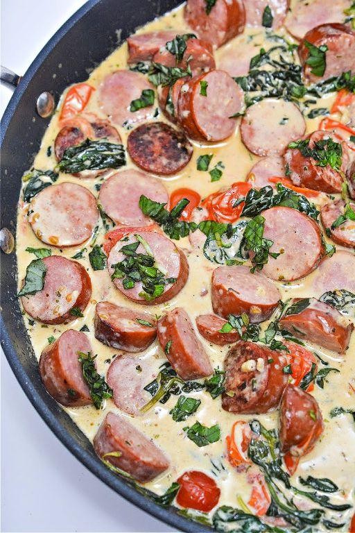 Keto Kielbasa with Creamy Parmesan Sauce