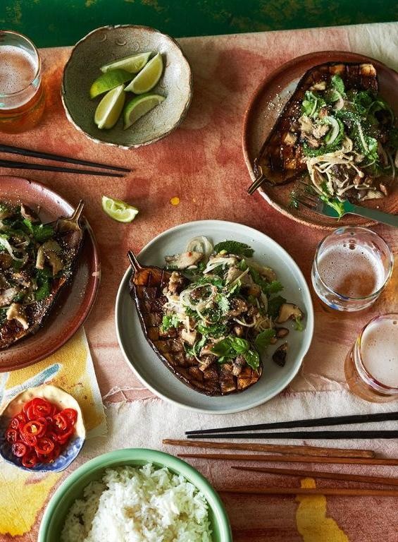 Larb with Grilled Eggplant and Mushrooms