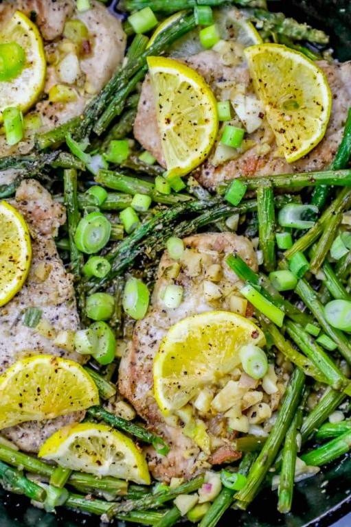 Lemon Herb One Pan Pork Chops with Asparagus