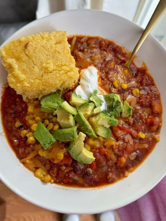 Llama Chili with Beans and Cornbread