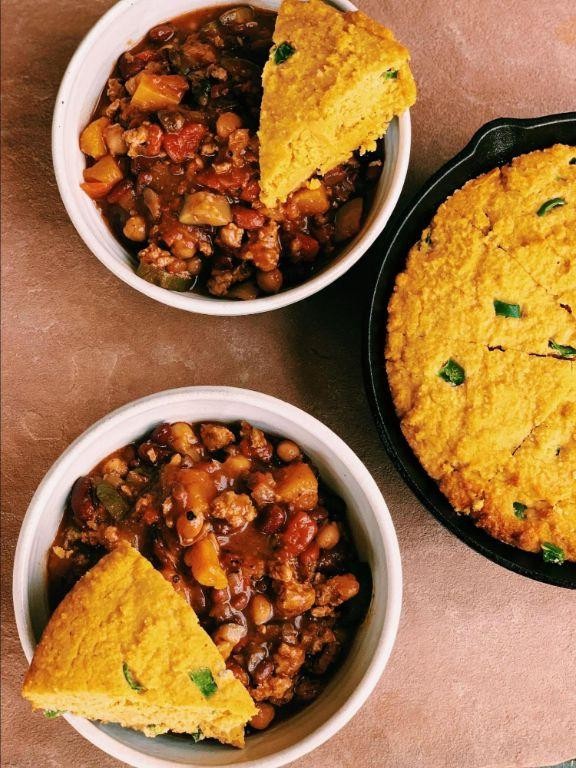Loaded Chili Mac with Cornbread Topping