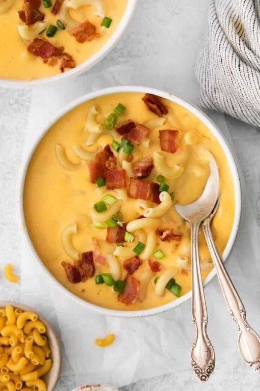 Mac and Cheese Soup with Crumbled Bacon