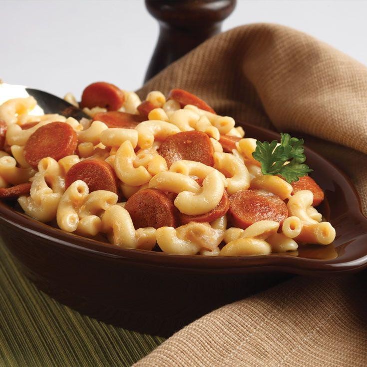 Macaroni and cheese casserole with hot dogs