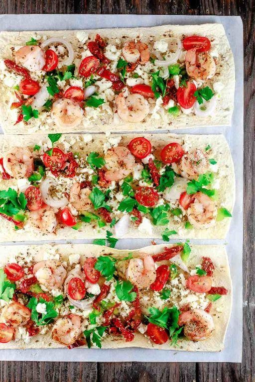 Mediterranean Shrimp Flatbread with Feta and Olives