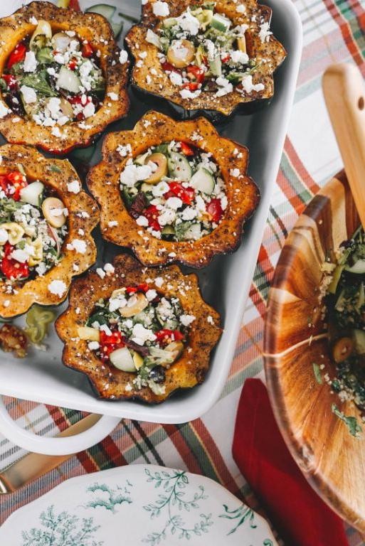 Mediterranean Stuffed Acorn Squash with Olives and Sun-Dried Tomatoes