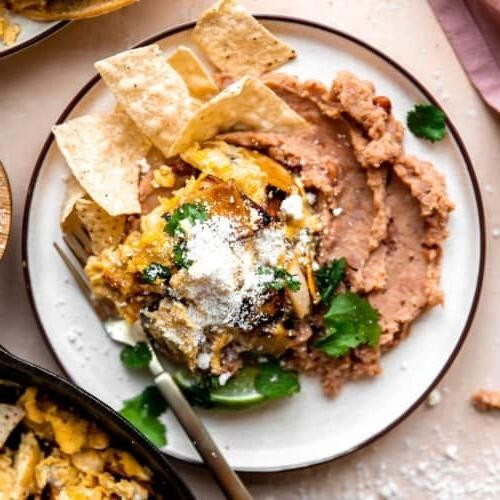 Migas with Refried Beans and Queso Fresco